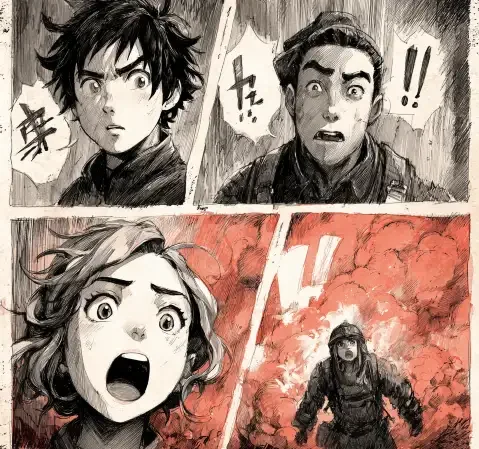 漫画阅读场景，桌面摆放着翻开的漫画书和手机